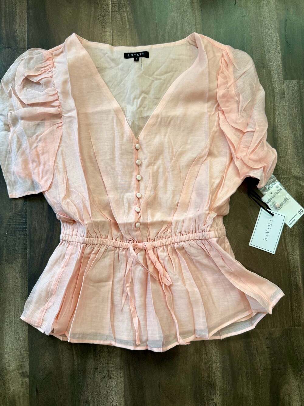 1.STATE Women's Short Sleeve V-Neck Button-Front Peplum Blouse Rose Pink Size S